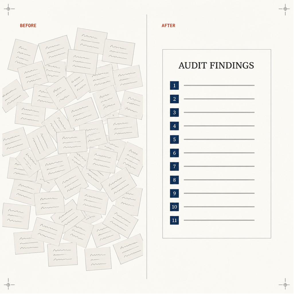 Forty scattered prompts on one side, a single bound document on the other